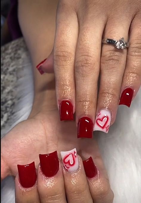 Small Acrylic Nails Valentines, Short Squared Valentine Nails, Short Acrylic Nails For Valentines Day, Red Acrylic Nails Ideas Short, Y2k Nails Short Red, Cute Baddie Nails Short Red, Short Nail Designs Birthday Ideas, Short Square Nails Valentines, Valentines Day Square Nails