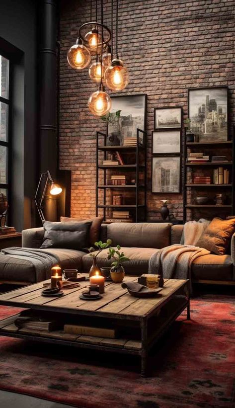 Bask in cozy intimacy with a small-scale exposed brick living room, blending modern hygge with warm textiles and earthy hues. The artful juxtaposition of minimalism and comfort unfolds in this snug urban retreat. See more on Nymphs Daily Blog. Exposed Brick Living Room, Brick Wall Living Room, Industrial Style Living Room, Brick Living Room, Living Room Industrial, Industrial Living Room, Industrial Home Design, Industrial Living, Industrial Livingroom