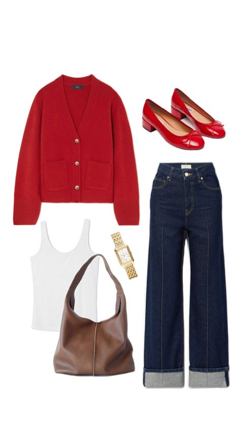 Red cardigan look Ootd Cardigan, Winter Cardigan Outfit, Outfit Cardigan, Fifties Fashion, Red Cardigan, Cardigan Outfits, Cute Everyday Outfits, Casual Style Outfits, Office Outfits