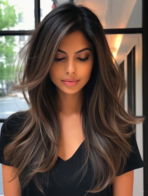 Dimensional Brunette Black Hair, Dark Features Hair Color, Side Part And Curtain Bangs, Hairstyles For Brown Eyes, Biolage Hair Brown, Summer Haircuts 2024 Long, Dramatic Layers Medium Hair, Winter Hairstyles Black Women, Melty Balayage