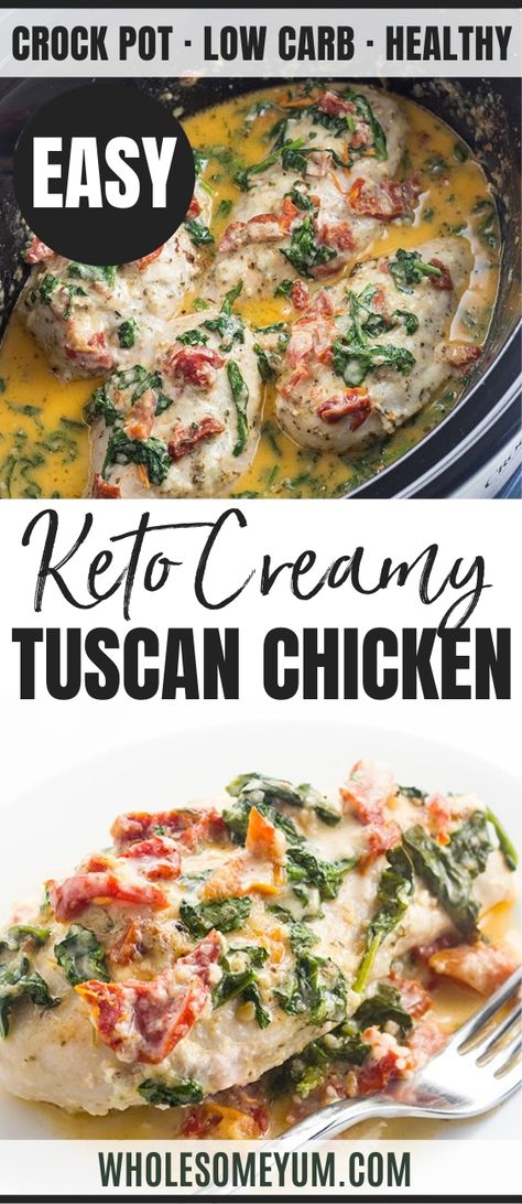 Crock Pot Tuscan Chicken, Chicken In The Slow Cooker, Tuscan Chicken Recipe, Easy Low Carb Dinner, Creamy Tuscan Garlic Chicken, Garlic Chicken Recipe, Tuscan Garlic Chicken, Low Carb Crock Pot Recipes, Garlic Recipe