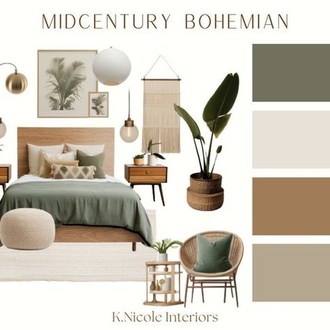 Home Color Pallet Ideas, Bedroom With Wood Accents, Apartment Vibes, Loft Ladder, Bohemian Bedroom, Digital Drawings, Nyc Apartment, Bedroom Green, Boho Interior