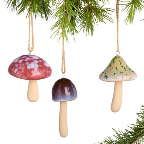 Ceramic Mushroom Ornaments Set of 3 by World Market Christmas Decor Ideas Ceramic, World Market Christmas Decor, Cinnamon Clay Ornaments, Wheel Thrown Ornaments, Christmas Tree Mushrooms, Christmas Ceramic Decorations, Ceramic Ornament Ideas, Handmade Ceramic Ornaments, Ceramic Ornaments Diy