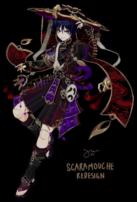 Wanderer, scaramouche, character design, redesign, genshin impact Genshin Impact Character Design Sheet, Xingqiu Redesign, Honkai Star Rail Inspired Outfits, Scaramouche Hat Reference, Skirk Redesign, Casual Scaramouche, Wanderer Redesign, Scaramouche Clothes, Xiao Redesign