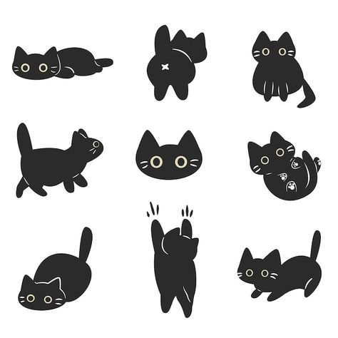 Cat Poses Illustration, Cartoon Cat Side View, Cool Cat Illustration, Sleepy Cat Illustration, Black Cat Illustration Cute, Cats Illustration Drawing, Cute Black Cat Drawing, Cat Poses Drawing, Cat Stylized