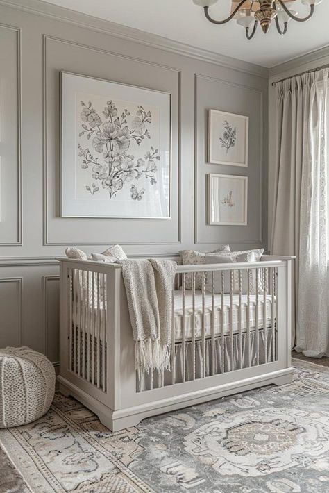 Nursery High Ceiling, Queen Bed In Nursery, Wall Paneling Ideas Nursery, Light Blue And White Nursery, Baby Nursery Panelling, Wayne’s Coating Nursery, Nursery Wainscoting Ideas, French Baby Nursery, Old Money Nursery Aesthetic