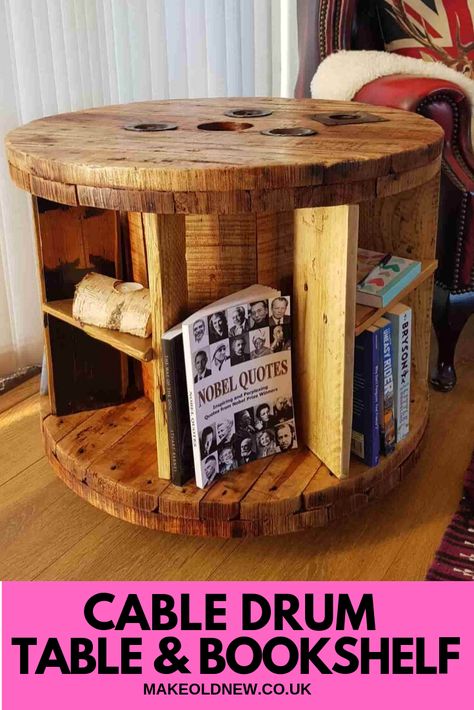 Drum Bookshelf, Electric Spool Ideas Diy, Spool Bookshelf, Diy Spool Table, Cable Drum Ideas, Diy Cable Spool Table, Cable Drum Table, Spool Diy, Wood Spool Tables