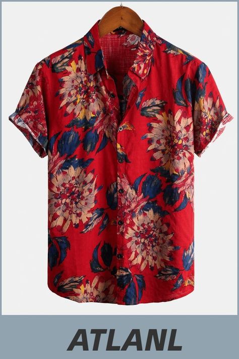 Great for summer vacation, daily leisure, sun beach, travel, rock parties, concert, streetwear, stage performance, dating, urban style, themed parties etc. Red Hawaiian Shirt, Rock Style Men, Hawaii Party, Beach Hawaii, Street Style Outfits Men, Red Retro, Summer Vacations, Sun Beach, Stage Performance