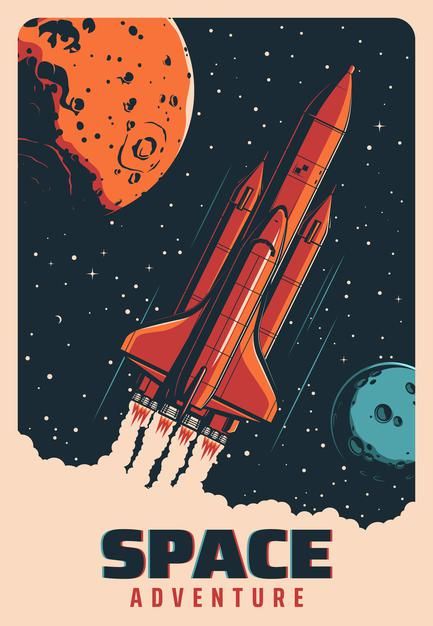 Illustration Art Space, Nasa Poster Vintage, Retro Space Illustration, Planets Graphic Design, Vintage Space Illustration, Space Game Design, Space Poster Ideas, Space Illustration Design, Nasa Vintage Posters