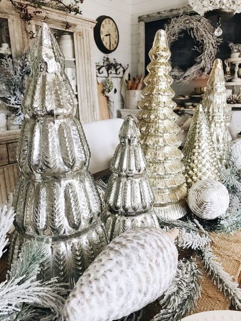 Rustic Glam Cottage Christmas Dining Room Mercury Glass Christmas Trees, Glass Christmas Trees, Christmas Dining Room, Mercury Glass Christmas, Glam Christmas, Cottage Christmas, Rustic Glam, White Christmas Decor, Christmas Dining