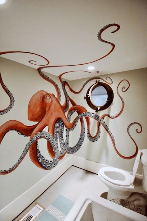 CHARLY MALPASS Octopus Mural, Octopus Bathroom Decor, Octopus Bathroom, Seni Mural, Bathroom Mural, Octopus Decor, Octopus Art, Mural Wall Art, Dream House Decor