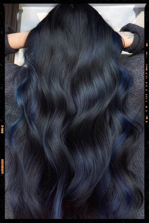 Jet Black with Dark Blue Tint Jet Black Blue Hair Color, Jet Black With Blue Tint, Dark Copper Black Hair, Hair Color Navy Blue, Hair Colors For Black Hair No Bleach, Black Hair With Dark Blue Money Piece, Near Black Hair Color, Black Indigo Hair, Black Blue Tint Hair