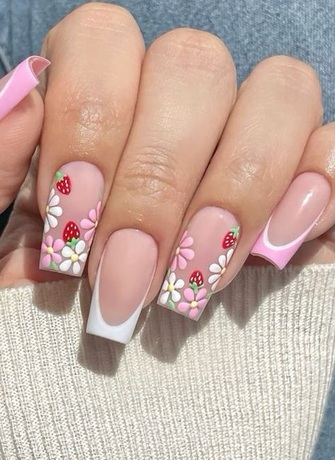 #naildesigns #nails #nailart   #nailsoftheday #nail #gelnails    #nailstyle #nailtech #acrylicnails #naildesign #nailartist  #glitternails #nailpolish #nailinspo #manicure #nailpro #nailaddict #nailsnailsnails  #coffinnails #ombrenails #gelpolish #nailsalon #longnails #summernails Pink Accent Nail Ideas, Summer Nail Flower Designs, Strawberry Nails Designs Summer, Summer Strawberry Nails, Girly Acrylic Nails Summer, Strawberry Nails Square, Long Square Nails Design Ideas Summer, Flower Nails With Rhinestones, Flower Manicure Designs