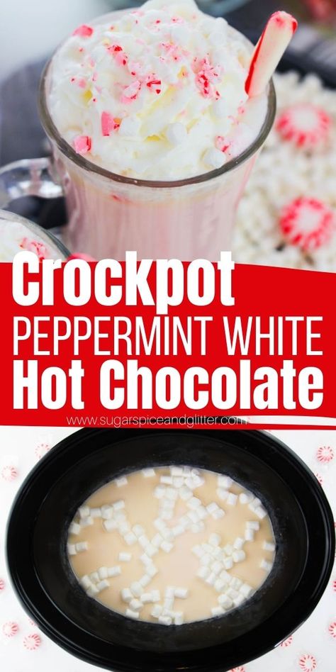 Peppermint White Hot Chocolate, Crock Pot Hot Chocolate Recipe, Crockpot Drinks, Peppermint Hot Chocolate Recipe, White Hot Chocolate Recipe, Best Hot Chocolate Recipes, Peanut Butter Hot Chocolate, Crockpot Hot Chocolate, Peppermint Hot Cocoa