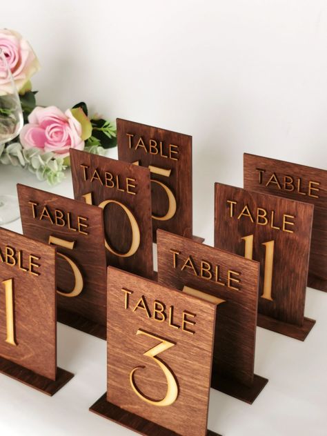 4'' Elegant table numbers for wedding, Wooden table numbers, Modern wood freestanding cafe table numbers Wood Name Cards Wedding, Wooden Table Signs, Barn Wedding Table Numbers, Fall Table Numbers Wedding, Wedding Table Numbers Unique, Wood Wedding Signage, Laser Engraving Wedding Ideas, Laser Cut Wedding Decor, Laser Wedding Ideas