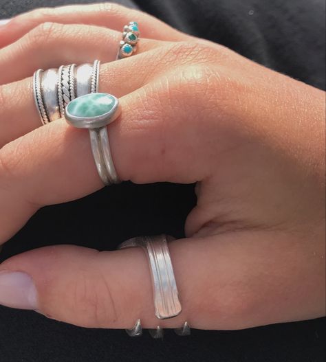 Silver Jewelry Boho, Silver Ring Stack Chunky, Spoon Rings Aesthetic, Granola Rings, Silver And Turquoise Jewelry, Turquoise Jewelry Aesthetic, Cool Silver Jewelry, Mamma Mia Jewelry, Ring Inspo Silver