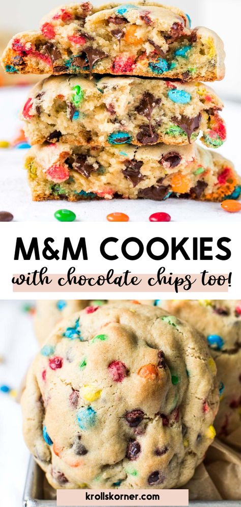 cookies made with mini m&ms Thick Cookie Recipes, Chunky Cookie Recipe, Chocolate Chip M M Cookies, Mm Cookies, Levain Cookies, Cookies With Chocolate Chips, Cookies With Chocolate, Gooey Cookies, Big Cookie