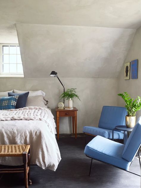 Small Guest Bedroom Ideas, Monochrome Bedroom, Small Guest Bedroom, Zen Den, Limewash Paint, Calming Spaces, Yellow Throw Pillows, Traditional Paint, Attic Bedrooms