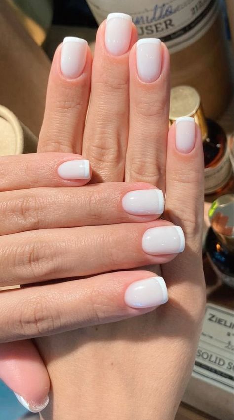 White Nails And French Tip, White Nail With French Tip, Short French White Nails, French Manicure Square Nails Short, Off White French Manicure, French No Chip Manicure, Opaque French Nails, Natural White French Tip Nails, White On White French Manicure Short