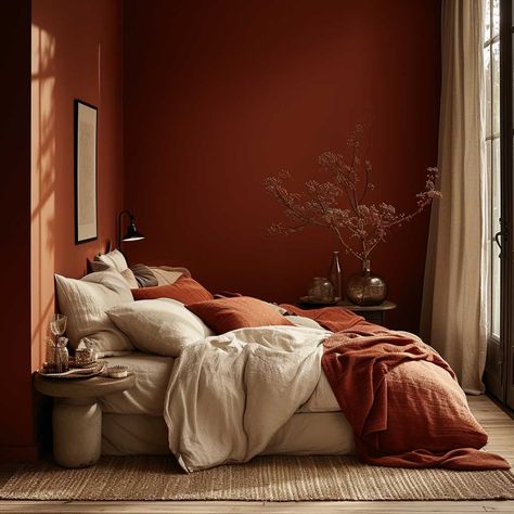 6+ Inspiring Color Schemes for a Beautiful House Interior • 333+ Images • [ArtFacade] Bedroom Red Walls Ideas, Red Guest Room, Dusty Red Bedroom, Rust Pink Bedroom, Rust Red Bedroom, Dark Orange Painted Walls, Raspberry Bedroom Walls, Brown Red Bedroom, Clay Color Bedroom