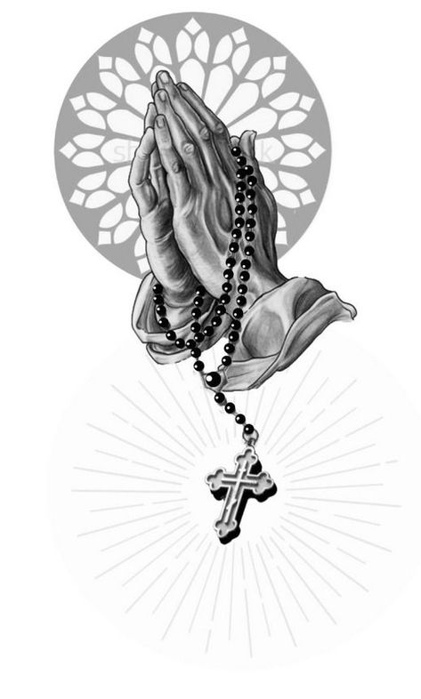 Praying Hands With Rosary, Pray Tattoo, Praying Hands Tattoo Design, Religion Tattoos, Tato Salib, Leg Sleeve Tattoos, Leg Tattoo Ideas, Praying Hands Tattoo, Chicano Tattoos Sleeve