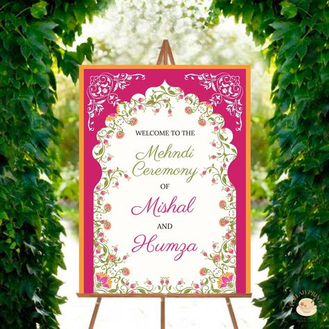 Welcome your guests with this beautiful and colorful Mehndi Welcome Sign!!🧡 Head over to FullahPrints on Etsy for more! Dholki Sign, Mehndi Sign, Floral Mehndi, Wedding Entrance Sign, Mehndi Ceremony, Wedding Entrance, Entrance Sign, Wedding Decor Elegant, Yellow And Pink