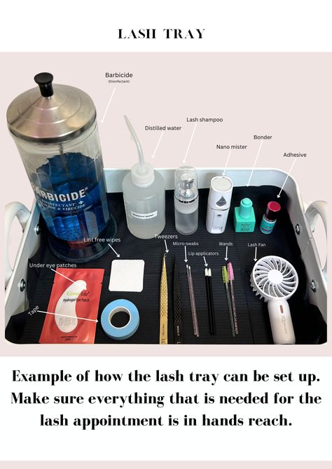 Lash Tray Setup, Lash Extension Organization, Lash Tech Accessories, Lash Extension Supply List, Traveling Lash Tech, Diy Lash Room Decor, Eyelash Extension Room Ideas, Lash Business Tips, Lash Supply List