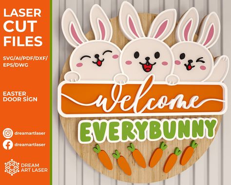 Easter Welcome Sign, Welcome Everybunny sign, Round door hanger svg, Glowforge laser file, Cricut, Easter bunny welcome sign, Spring decor Bunny Welcome Sign, Door Hanger Svg, Round Door Hanger, Interior Signs, Round Door, Digital Cut File, Door Hanger, Door Hangers, Spring Decor