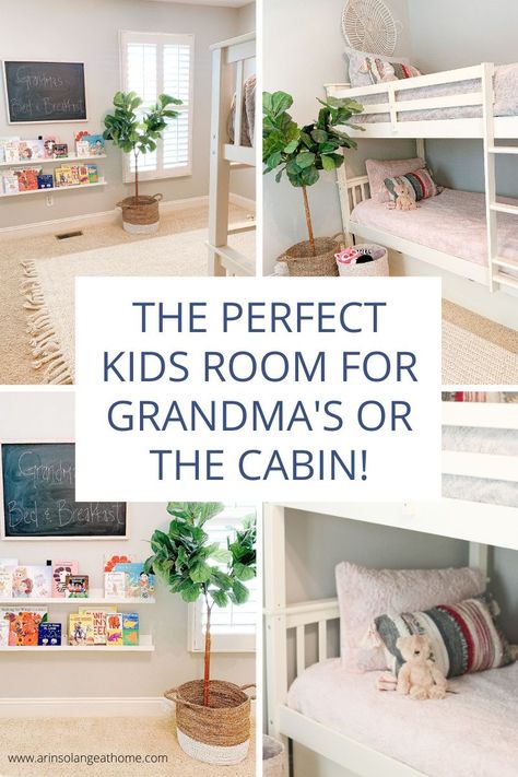 Plan a simple, small, functional bedroom for kids! This is perfect for a room at grandma's house or at the cabin. Create a cozy place to play and sleep at the grandparent's house! Grandchildren Room Ideas Bunk Bed, Toy Room At Grandmas House, Bedrooms For Grandkids, Spare Room For Grandchildren, Guest Bedroom Ideas For Grandkids, Grandchildren Room Bedrooms, Bedroom At Grandmas House, Spare Bedroom For Grandkids, Spare Bedroom Ideas For Grandchildren