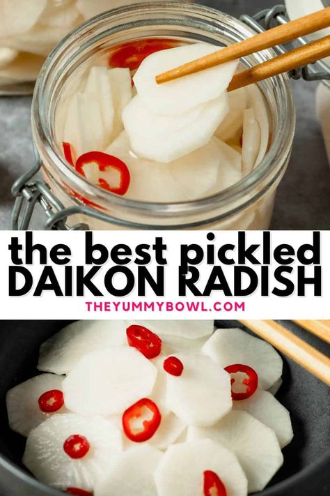 Pickles Radishes Korean, Pickled White Radish Recipe, Pickled Radishes Recipe, Pickled Dicon Radish, Picked Radish Korean, Japanese Wasabi Radish Recipes, Diacon Radish Recipes, Pickle Radish Recipes, Korean Pickled Radish Recipe