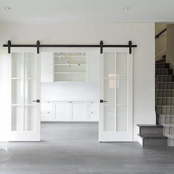 Home Office with Dual Pocket Doors - Transitional - Den/library/office Den Library, Sliding French Doors, Library Office, Kabinet Dapur, Kitchen Remodel Ideas, Sliding Doors Interior, White Doors, Plywood Furniture, Modern Farmhouse Plans