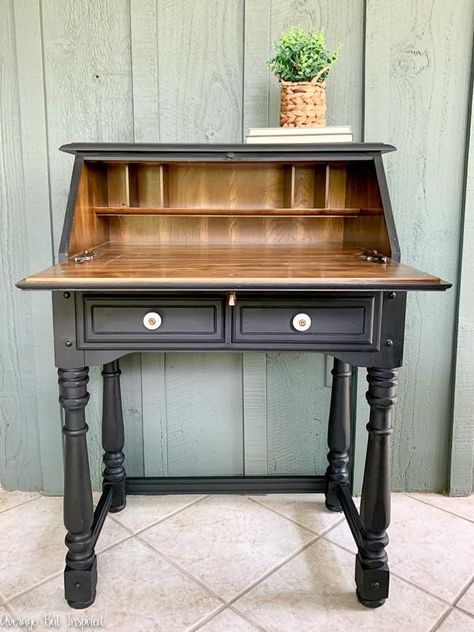 This small secretary desk makeover in classic black chalk paint is beautiful. It's a desk that will work in most styles of homes! When painting furniture to flip, going with a classic color can lead to faster sales. #painteddesk #secretarydesk Writers Desk Makeover, Small Desk Makeover, Repurposed Secretary Desk, Secretary Desk Makeover Ideas, Diy Small Desk, Small Secretary Desk, Painted Secretary Desks, Apartment Desk, Secretary Desk Makeover