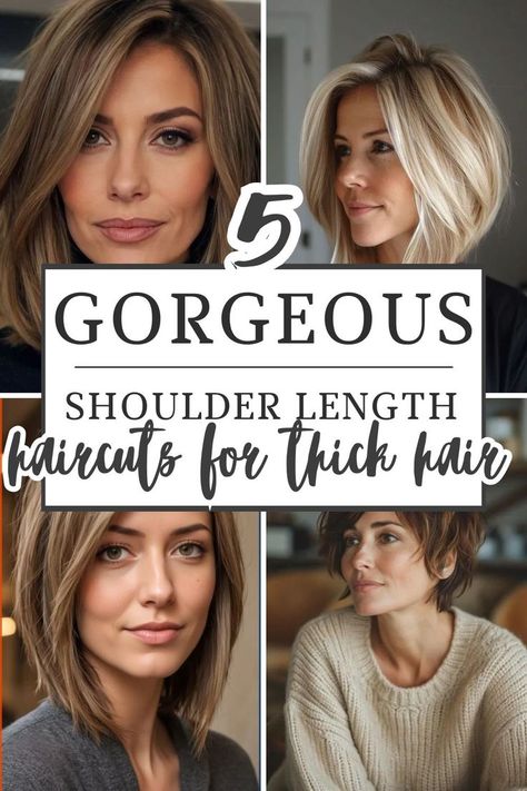 These shoulder length haircut ideas are perfect for fall! Haircuts For Shoulder Hair Length, Straight Thick Shoulder Length Hair, Shoulder Length Hair For Brunettes, Single Layer Haircut Shoulder Length, Medium Length Haircut Shoulder, Tousled Shoulder Length Hair, At Shoulder Haircut, Shoulder Length Brown And Blonde Hair, Brunette Hair Medium Length Haircuts