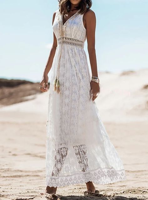 Boho Lace Maxi Dress, Boho Sleeveless Dress, Stile Boho Chic, White Lace Maxi Dress, Boho Dresses Long, Flare Sleeve Dress, Summer Lace, Boho Lace, Maxi Robes