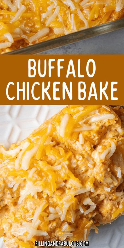 Love the flavors of buffalo chicken? Then you're going to love this Buffalo Chicken Casserole recipe! It's easy, cheesy, and even packed with a secret healthy ingredient. This makes for a great family dinner recipe! Buffalo Chicken And Rice, Casserole With Cauliflower Rice, Buffalo Chicken Bake, Chicken Thigh Casserole, Buffalo Chicken Rice, Chicken Bacon Ranch Bake, Chicken Cauliflower Casserole, Chicken Breast Casserole, Healthy Chicken Casserole