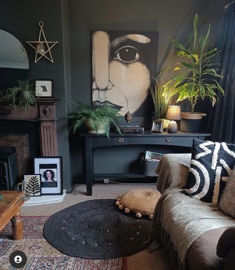 Dark Nordic Living Room, Moody Boho Living Room White Walls, Edgy Living Room, Dark Boho Living Room, Moody Living Room, Dark Boho, Dark Living Rooms, Home Organization Ideas, Dark Home Decor