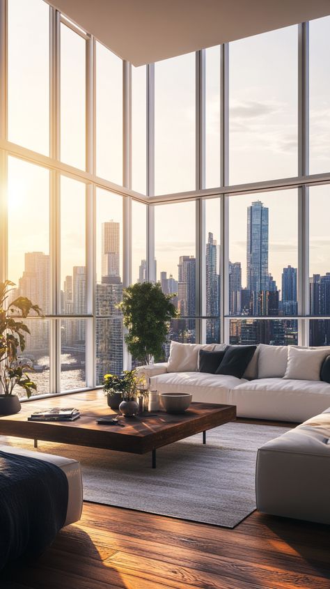 View the modern high-rise apartment with panoramic skyline vistas from floor-to-ceiling windows. Floor To Ceiling Windows Apartment, Apartment Manifestation, Condo Living Room, High Rise Apartments, Penthouse Apartment, Skyline View, Condo Living, Floor To Ceiling Windows, Ceiling Windows