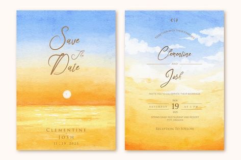 Sunset Invitation, Watercolor Sunset Sky, Sunset Wedding Invitations, Beach Invitations, Watercolor Sunset, Sunset Wedding, Sunset Sky, Wedding Templates, Watercolor Background