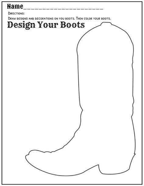 Design your boots color art worksheet Rodeo Crafts For Kids Western Theme, Texas Theme Crafts Preschool, Western Worksheets Preschool, Wild Wild West Preschool Crafts, Cowboy Themed Activities, Best In The West Theme, Cowboy Crafts For Preschoolers, Cowboy Craft Ideas, Cowboy Boot Printable