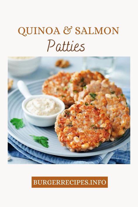 Quinoa and Salmon Patties Quinoa Salmon, Canned Salmon Patties, Vegetarian Burger Recipe, Quinoa Patties, Salmon Burger Recipe, Canned Salmon Recipes, Salmon Quinoa, Veggie Patties, Breakfast Party Foods