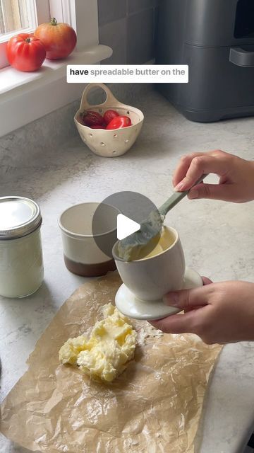 Ashley | Suburban Homestead on Instagram: "Homemade butter is so easy and fun to make. I have a video on the feed of exactly how to make it so check that out if you want to get started! 

I always measure my butter in 1/2 cup increments, roll it in parchment paper and store it in the freezer! 

You can store fresh butter on the counter in a butter bell! I have my favorites linked in my Amazon Storefront. 
Here’s how to use a butter bell:
🧈Pour 1/3 cup of cold water into the base of the crock
🧈Pack softened butter FIRMLY into the bell-shaped lid, using a spatula, making sure to press out any air pockets. If your butter slides out it is probably too soft so pop it back in the fridge for a bit. 
🧈It will hold up to 1/2 cup of butter. 
🧈Replace the lid into the bottom of the crock. The wat Homesteading Food, Fresh Butter, Butter Block, Butter Bell, Homemade Butter, Amazon Storefront, Pop It, Parchment Paper, My Favorites