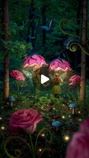 Alexandria Ramon on Instagram: "Just a couple of flower fairies adventuring through their very own magical forest 🥰🧚 we made these flower umbrellas in early April (it took over a week) and then waited patiently for the forest in our backyard to bloom 🌸 #CanonPartner 

For this photo, we made the flower umbrellas from scratch using clear umbrellas as a base. This process took way longer than expected 😅 After our first failed attempt using felt, Nick came up with the idea to try to heat foam with our heat gun and shape them into petals. It was genius and worked so well! No matter how much we try to make our magic umbrellas light enough, they are always too heavy for Eloise 😂 so Nick held it up for her, while Emma handled the lighting, I captured the moment, and the little ones pretended Flower Umbrella Diy, Failed Experiment, Flower Umbrella, Fairy Adventure, Foam Glue, Glowing Flowers, Failed Attempt, Clear Umbrella, Fairies Photos