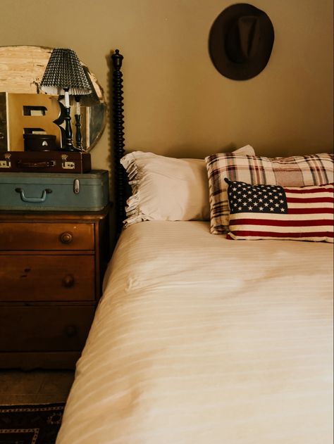 Boy room decor, boy bedding inspo, pine chest, vintage luggage, cowboy hat Western Bedroom Aesthetic, Moody Western, Boy Room Decor, Western Bedroom, Pine Chests, Boys Bedding, Vintage Luggage, Boys Room Decor, Country Boys