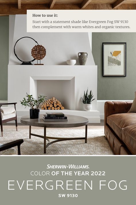 Give your living room a modern, sophisticated refresh with walls painted in the Sherwin-Williams 2022 Color of the Year, Evergreen Fog SW 9130. Need painting project inspiration? Tap this pin to order free color chips or an 8" x 8" peel & stick sample. #SWColoroftheYear #sherwinwilliams #diy #diypainting #livingroom #paint #painting #interiordesign #decor Evergreen Fog, Sage Green Paint Color, Sage Green Paint, Living Room Wall Color, Room Wall Colors, Sherwin Williams Colors, Gray Paint, Green Paint Colors, Room Paint Colors