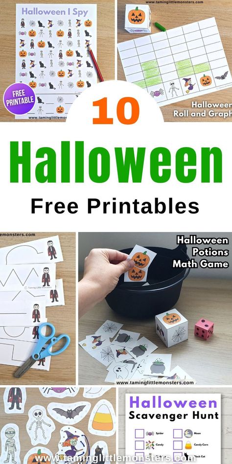 10 Halloween Free Printables for Kids. Free printable games, activities and craft templates for toddlers, preschoolers and kindergarten. #halloween #freeprintable #toddler #preschool #kindergarten Halloween Theme For Kindergarten, Cognitive Halloween Activities, Halloween Themed Activities Preschool, Preschool Halloween Party Crafts, Halloween Prek Activities Free, Halloween Worksheets Preschool Free Printable, Halloween Themed Preschool Activities, Halloween Patterns Preschool, Free Pdf Halloween Printables