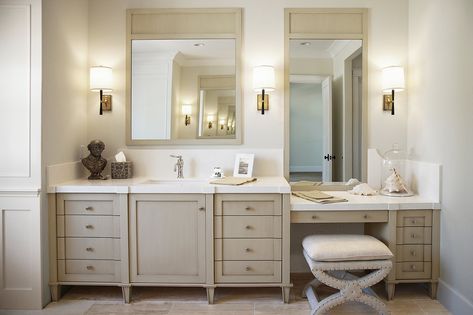 hryanstudio | Sonoma Inspired Bathroom Sit Down Vanity Ideas, Bathroom With Makeup Area, Single Sink With Makeup Vanity, Bathroom Makeup Vanity Ideas Master Bath, Built In Makeup Vanity In Bathroom, Sink Vanity Ideas, Bathroom Vanity With Makeup Counter, Bathroom Makeup Vanity Ideas, Vanity Master Bath