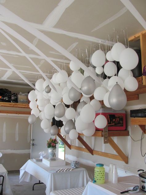 Hiding the Ugly at Your Wedding on Pinterest | Backdrops, Ceremony ... Garage Party Decorations, Gladiator Garage, Thanksgiving Decorations Outdoor, Garage Party, High School Graduation Party, Garage Walls, Balloon Wall, White Balloons, Outdoor Party