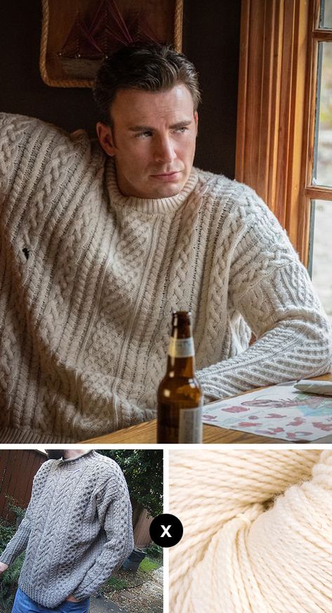 Knit the Look: the "Knives Out" fisherman sweater Men’s Pullover Knitting Pattern, Mens Knit Pullover Sweater Patterns, Knitting Sweater Men, Men Pullover Knitting Pattern, Mens Cardigan Sweater Knitting Pattern, Movie Knitting Patterns, Cable Knit Jumper Pattern Free, Cable Knit Sweater Knitting Pattern, Men’s Wool Sweater