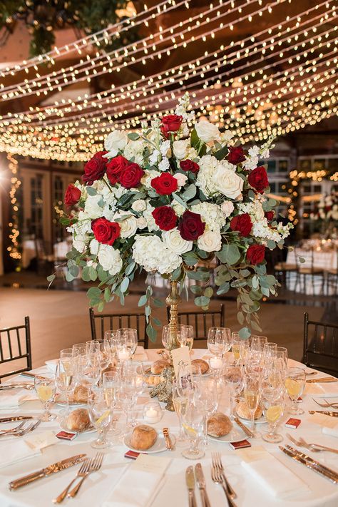 Red Roses Wedding Decor Centerpieces, Sweetheart Table Wedding Red Roses, Cream And Red Wedding Decor, Wedding Decoration Red And White, Crimson Red And White Wedding, Red Flower Decoration Wedding, Red Gold And White Wedding Theme, Red And Gold Wedding Flowers, Red Roses At Wedding