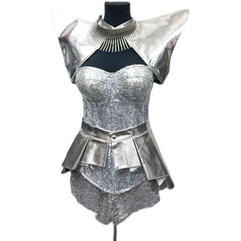 Bar Gogo Dance Stage Costume Silver Future Sense Outfit Sequins Drag Queen Clothing Singer Dancer Futuristic Dress, Futuristic Outfits, Futuristic Costume, Space Costumes, Silver Outfits, Alien Costume, Space Fashion, Space Outfit, Arm Cuffs